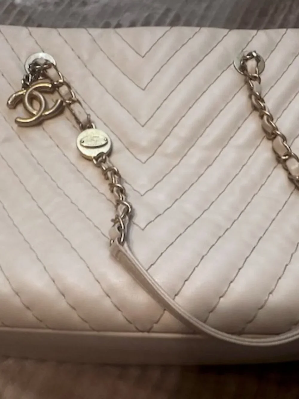 Chanel Surpique Chevron CC Charm Tote (often referred as Chevron V-Stitch Tote